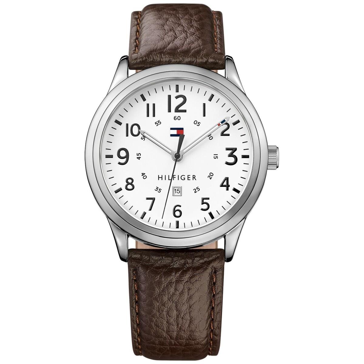 Tommy Hilfigher Men`s Brown Leather Strap Watch 42MM 1791259 Nwt/nib