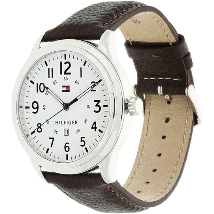 Tommy Hilfigher Men`s White Dial Brown Leather Strap 42MM Watch 1791259