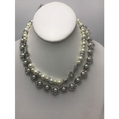 Givenchy Silvertone Crystal Pearl Double Row Collar Necklace go59A
