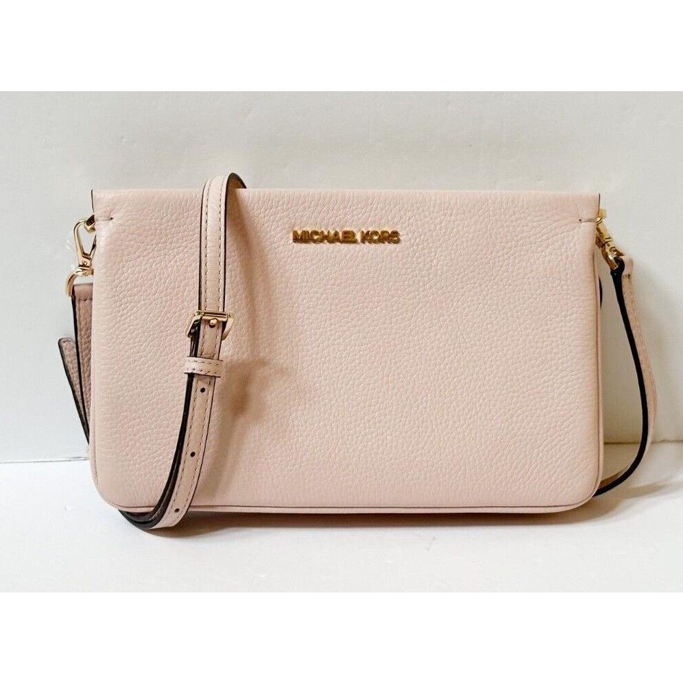 Michael Kors Jet Set Travel LG Triple Gusset Pebbled Leather Crossbody Bag Pink Powder Blush