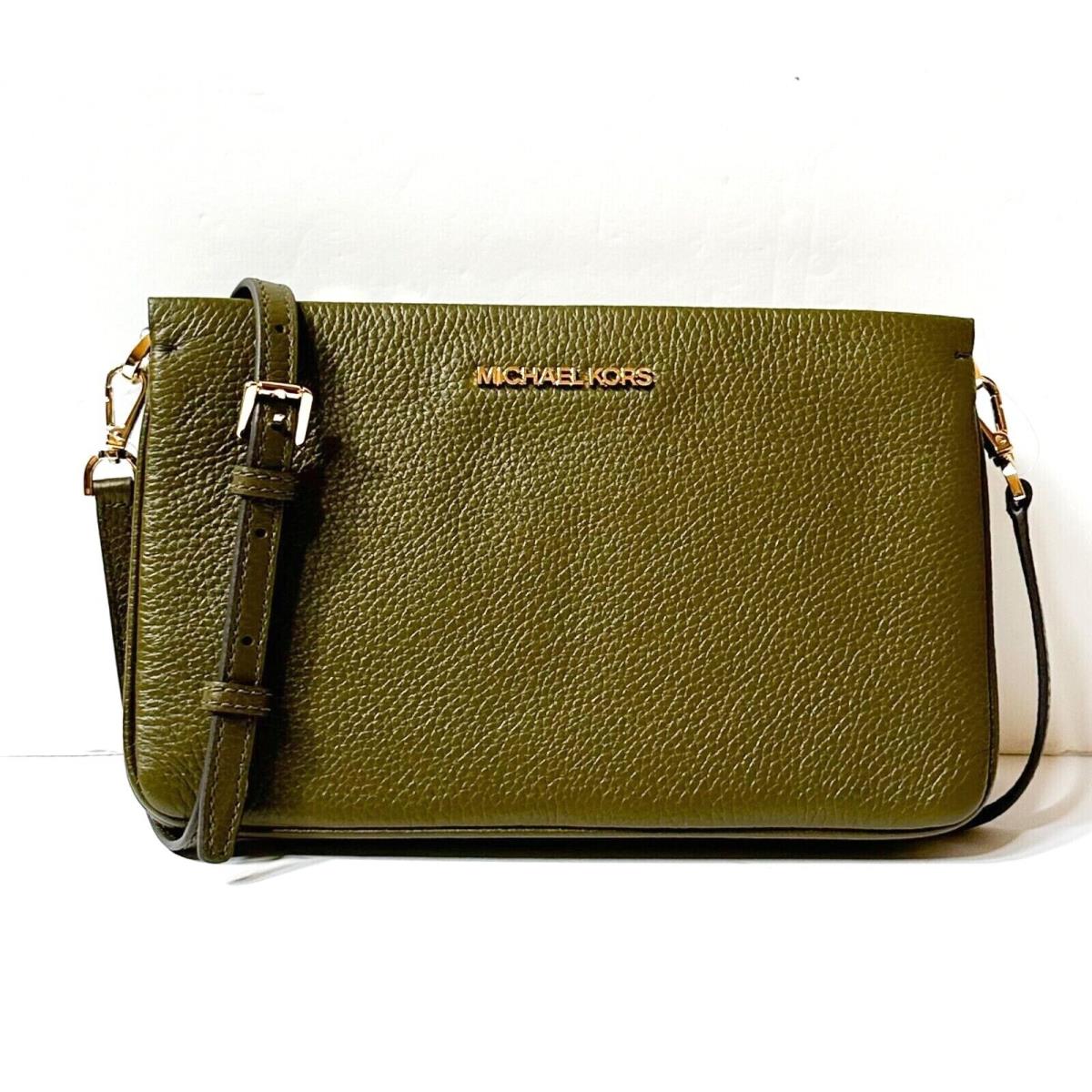 Michael Kors Jet Set Travel LG Triple Gusset Pebbled Leather Crossbody Bag Green Olive(Duffle)