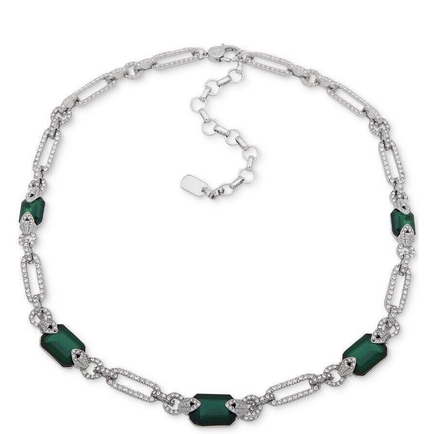 Lauren Ralph Lauren Silvertone Pave Link Green Stone Necklace 16 + 3 A2