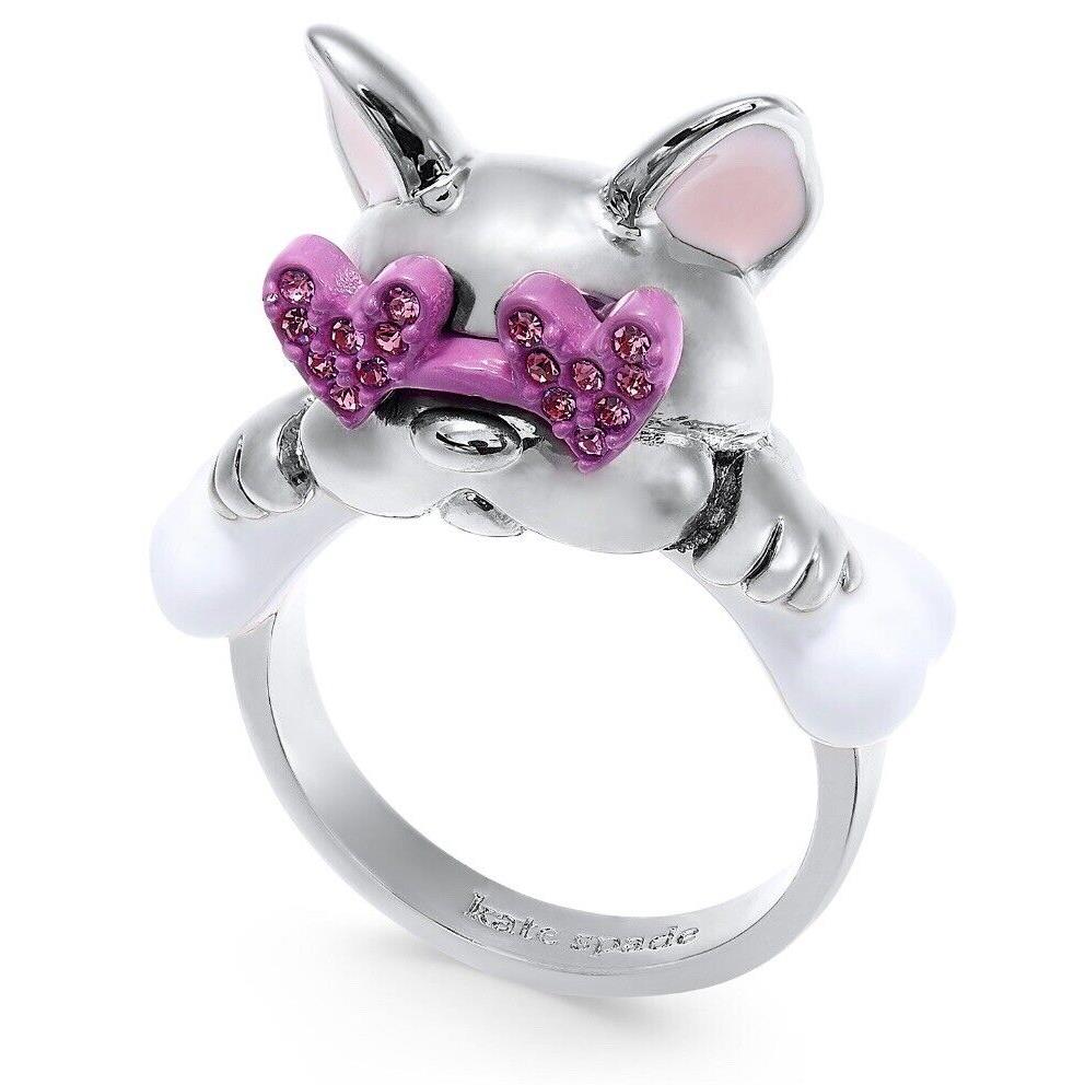 Kate Spade Bulldog Ring with Pave Heart Glasses Silver Tone Size 7 B49