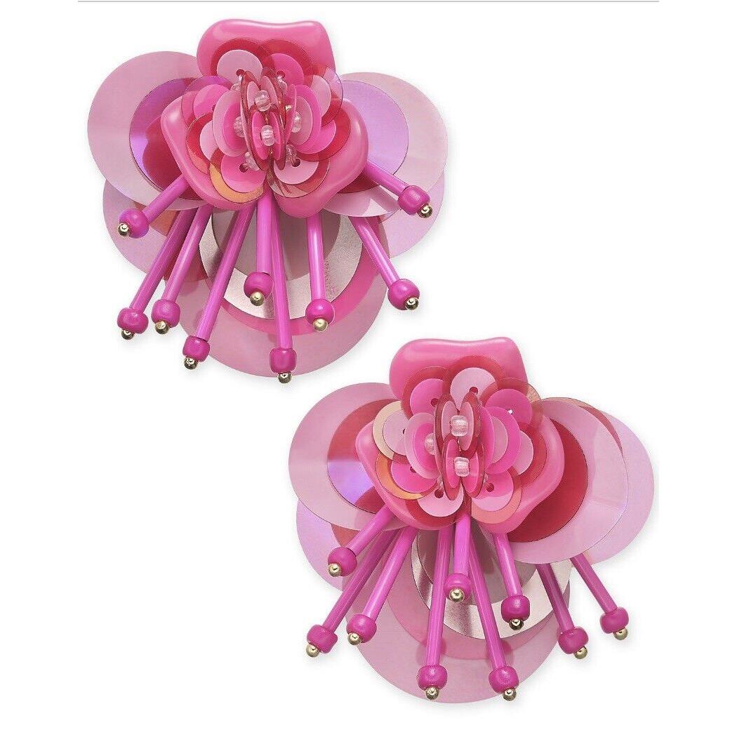 Kate Spade Pink Sequin Bead Leather Flower Statement Earrings 643
