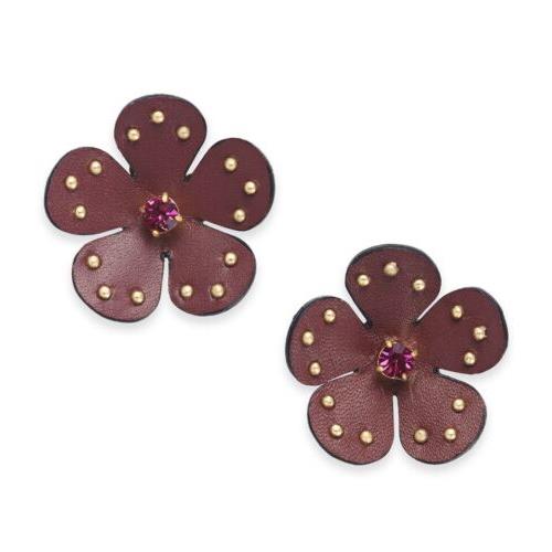 Kate Spade Gold Tone Leather Russet Flower Stud Earrings Blooming Bling d51