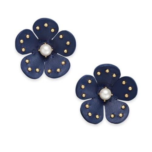 Kate Spade Goldtone Leather Navy Flower Stu Earrings Blooming Bling D16