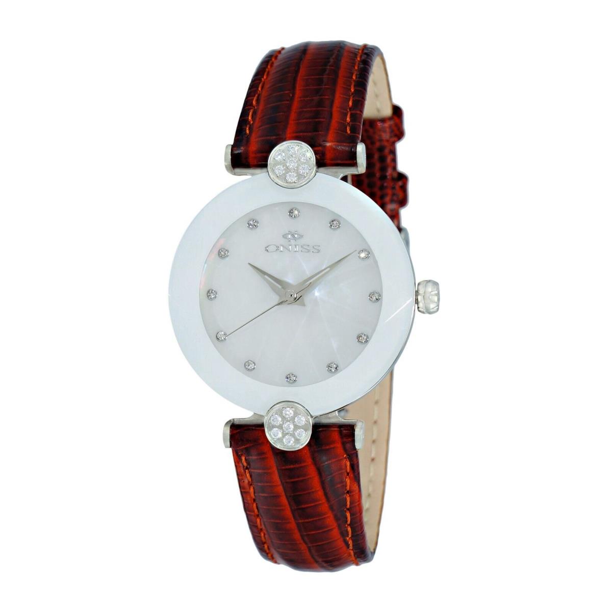 Oniss Women`s Goldtone/red Swiss `facet Ii` Leather Band Watch