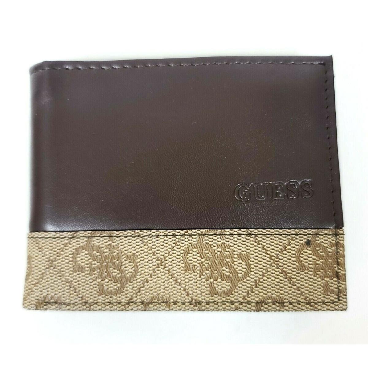 Guess Brown Leatherette Beige Logo Pvc Rfid Men`s Bifold Wallet