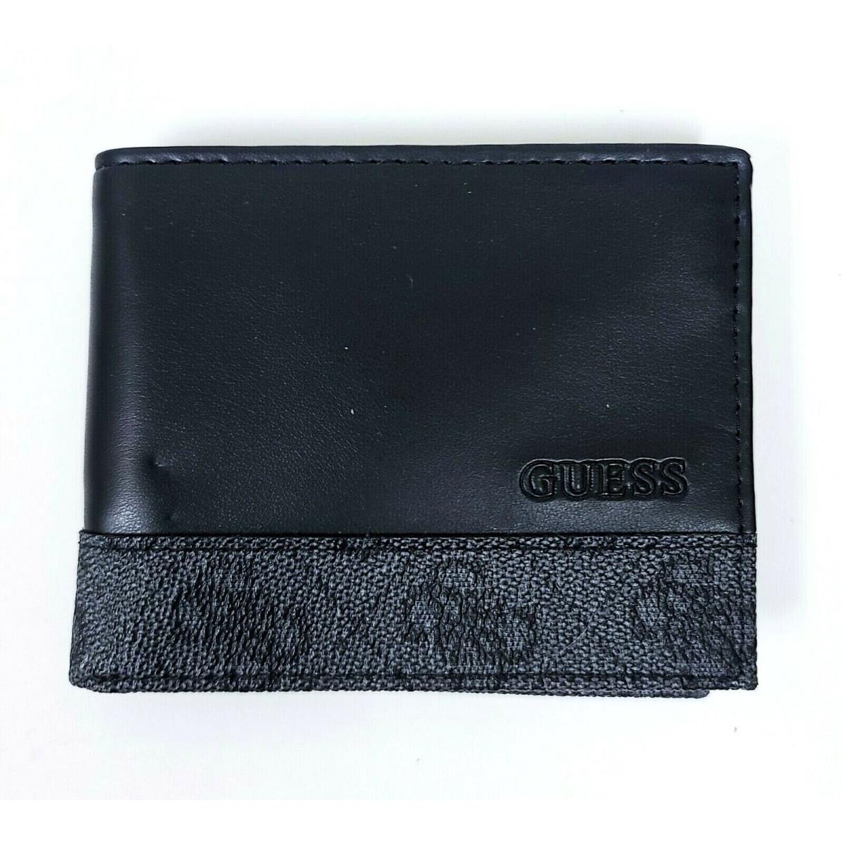 Guess Black Leatherette Gray Logo Pvc Rfid Men`s Bifold Wallet