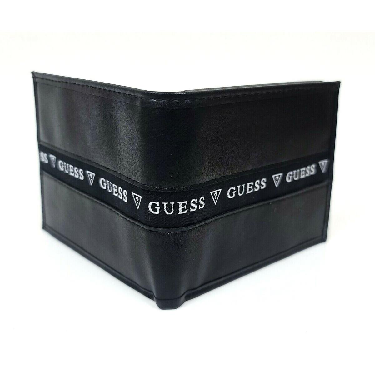 Guess Black Leatherette White Canvas Logo Men`s Rfid Bifold Wallet