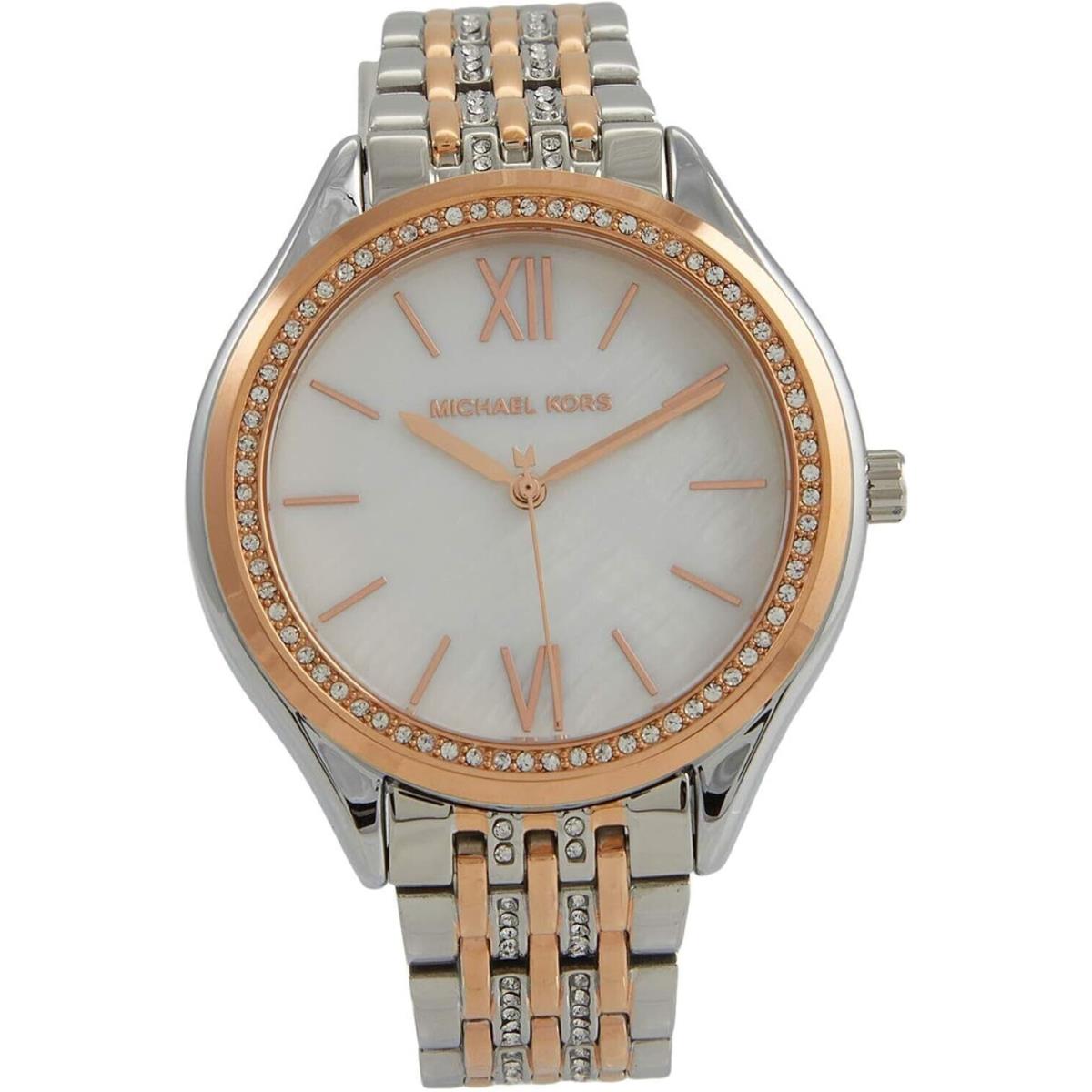 Michael Kors Mindy Women`s Two Tone Rose Gold Silver Mop Stainless Watch MK7077