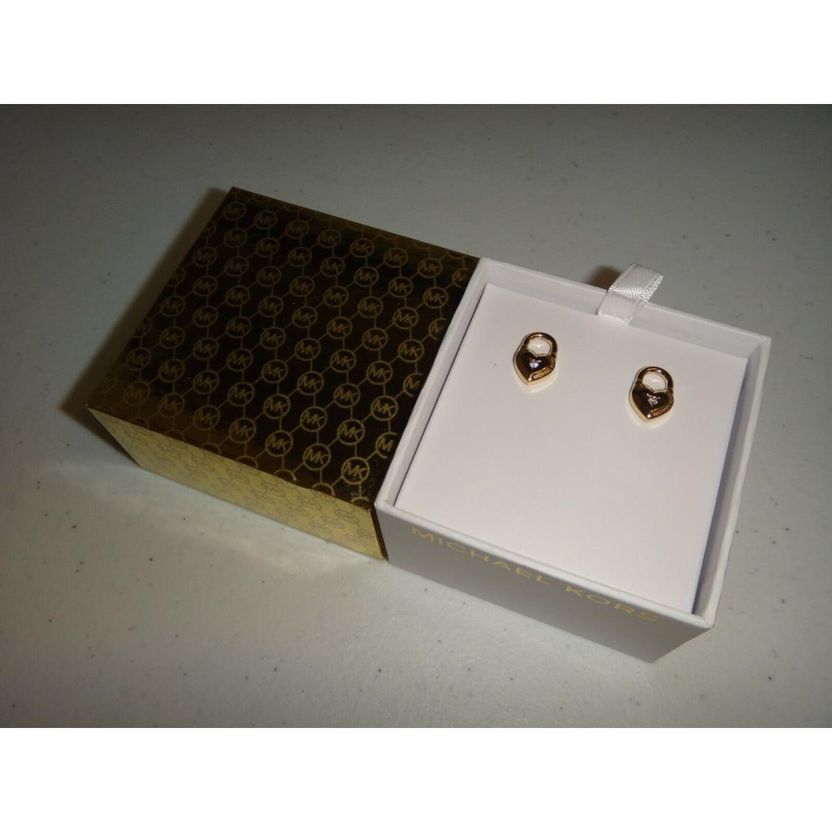 Michael Kors Yellow Gold Heart Padlock Stud Earrings Crystal Chip + MK Gift Box