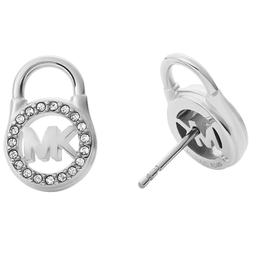 Michael Kors Silver S/steel MK Logo Padlock Stud Earrings Crystals MKJ741104+BOX