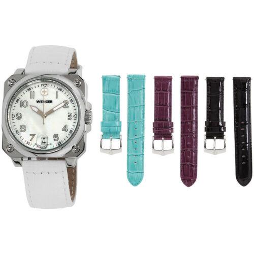 Wenger Aerograph Cockpit Women`s 34mm White Mother of Pearl Watch Band Set 72433 - White Dial, White Band, Silver Bezel