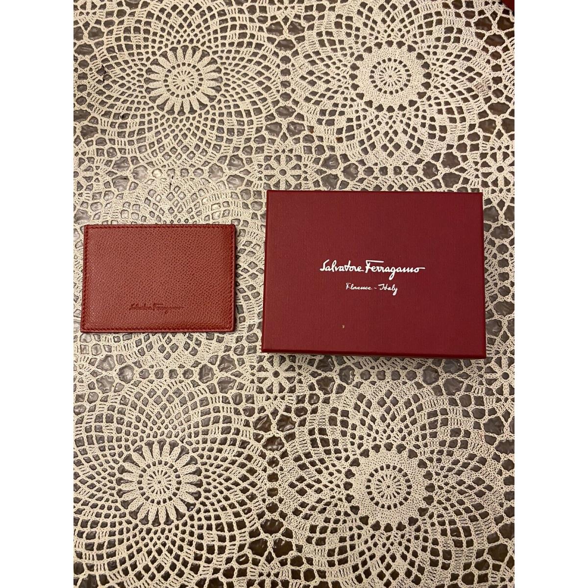 Salvatore Ferragamo Pebbled Leather Card Holder Red Box ID Logo