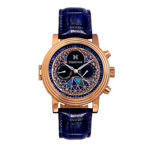 Heritor Automatic Legacy Leather-band Watch W/day/date - Rose Gold/blue