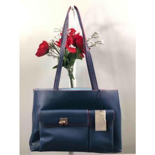 Tumi Newport Navy Blue Pink Leather Tote Bag w. Removable Padded Pouch