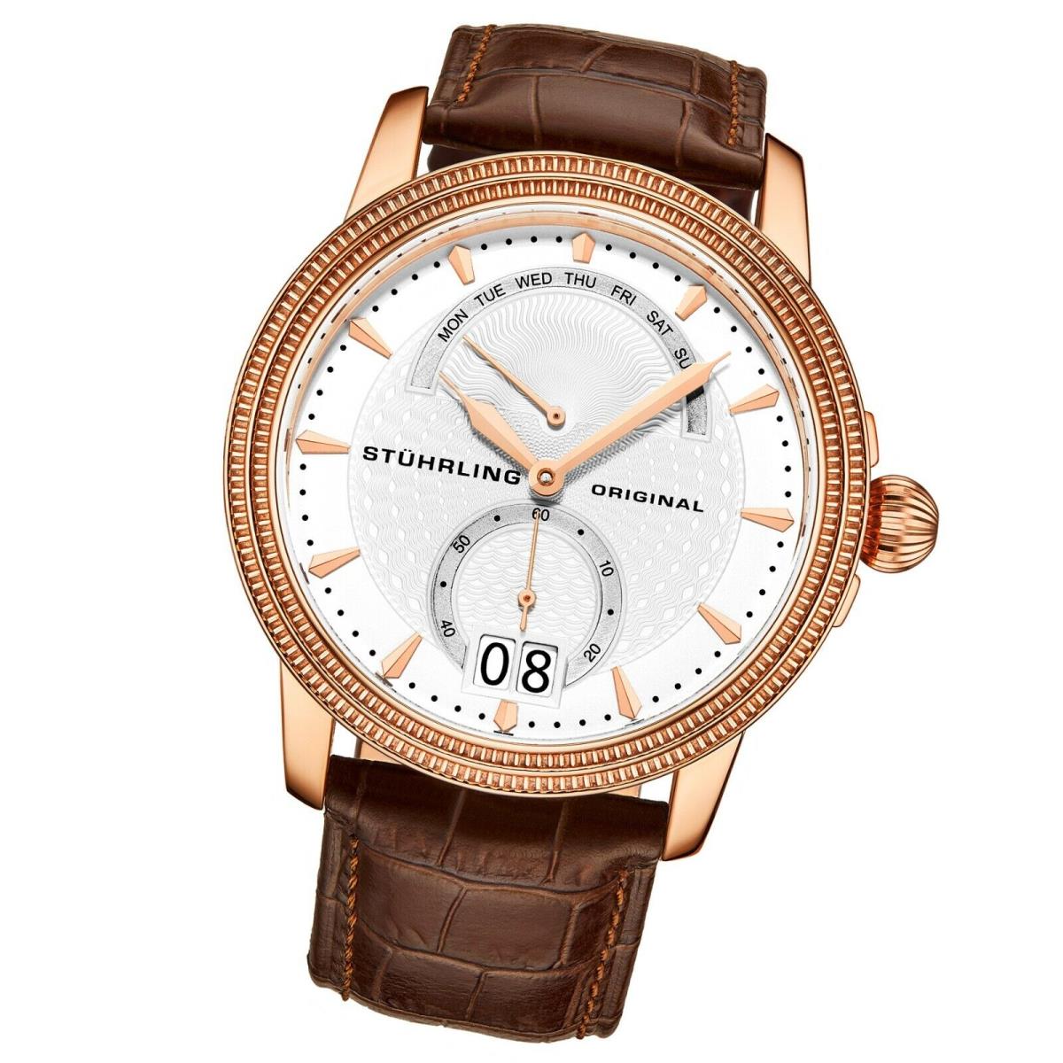 Stuhrling Men`s Rose Swiss Quartz Watch Decorative Guilloche Pattern Silver Dial