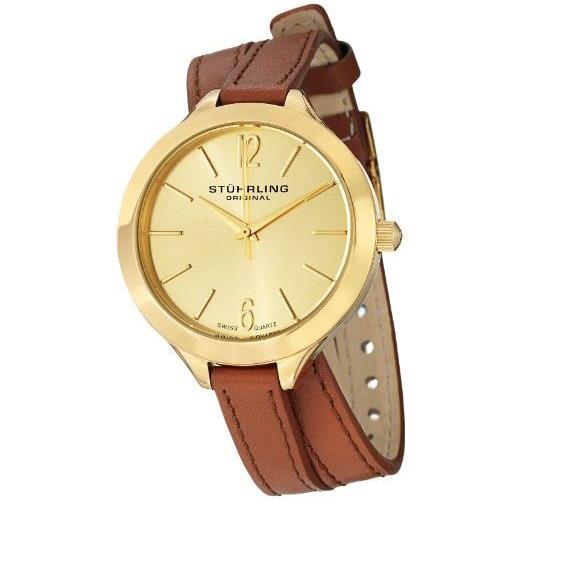 Stuhrling 568.04 Analog Deauville 23K Gold Plated Brown Leather Women Watch 2221