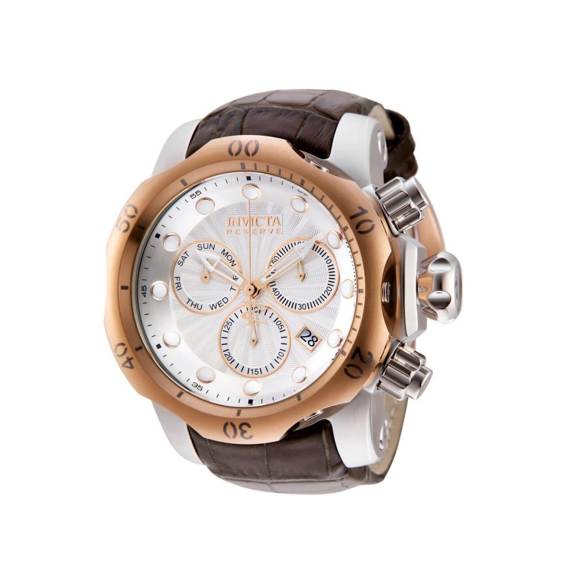 Invicta Men`s 0359 Reserve Collection Venom Chronograph Brown Leather Watch - Dial: White, Band: Brown, Bezel: Rose Gold