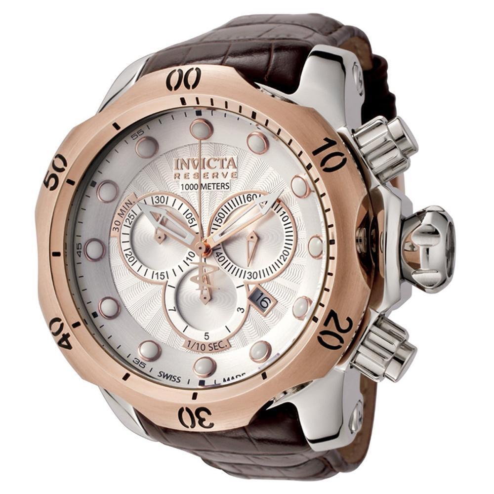 Invicta 0359 Men`s Reserve Venom Brown Leather Strap Silver Dial Chrono Watch - Face: Silver, Dial: White, Band: Brown