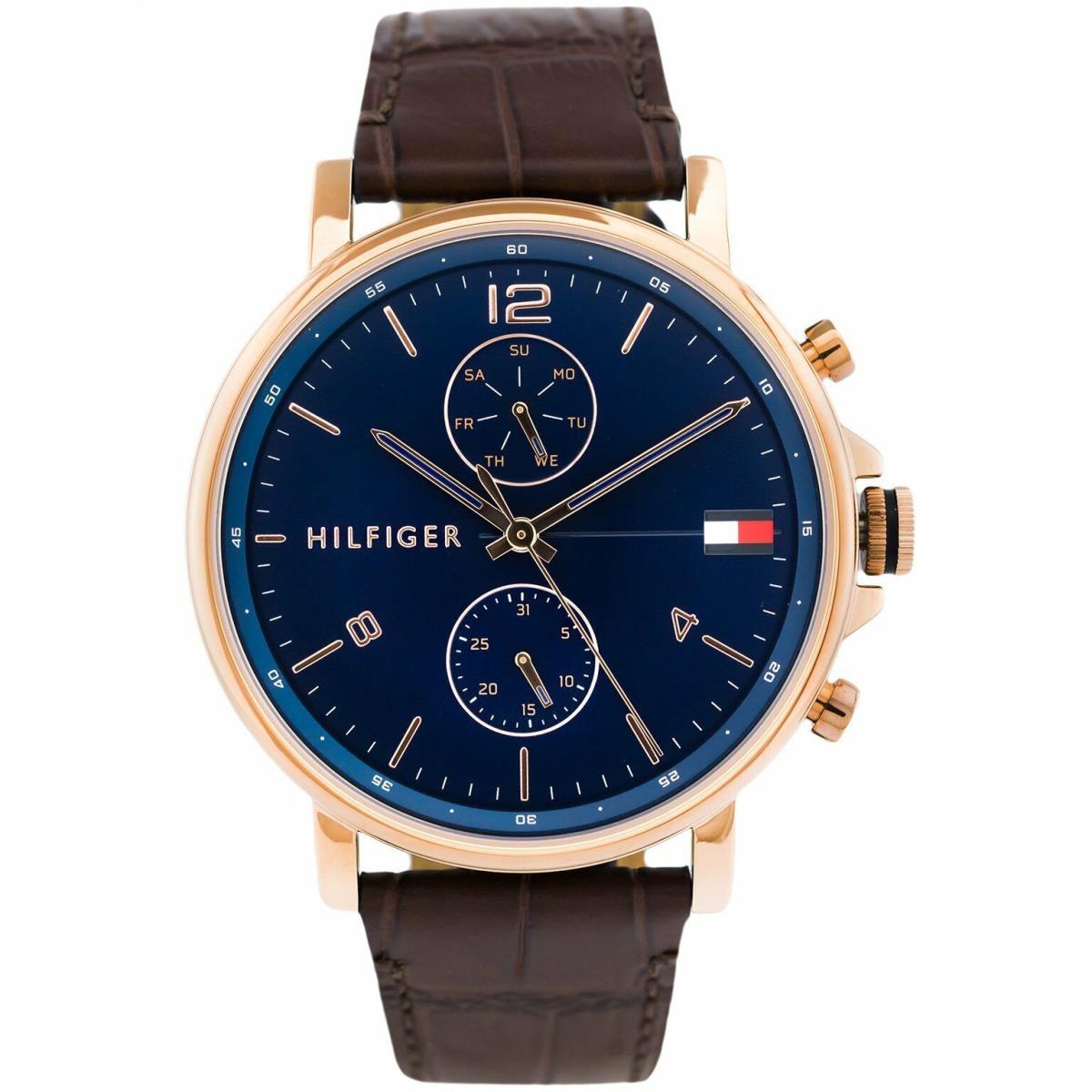 Tommy Hilfiger Brown Leather Strap Multifunction Blue Dial Men`s Watch - 1710418 - Blue Dial, Brown Band, Rose Gold Bezel