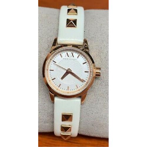 Armani AX Exchange Women`s Rose Gold Studded White Leather Strap Watch AX6020