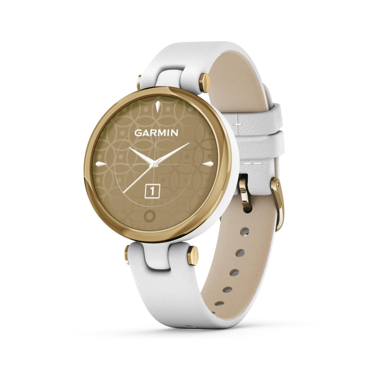 Garmin Lily Women s Classic Fitness Smartwatch Light Gold w/ White Leather Band - Light Gold Bezel with White Band, Band: White