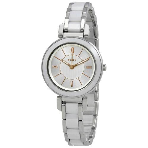 Dkny Ellington Ceramic Stainless Steel White Dial Two Tone Womens Watch NY2588 - Silver Dial