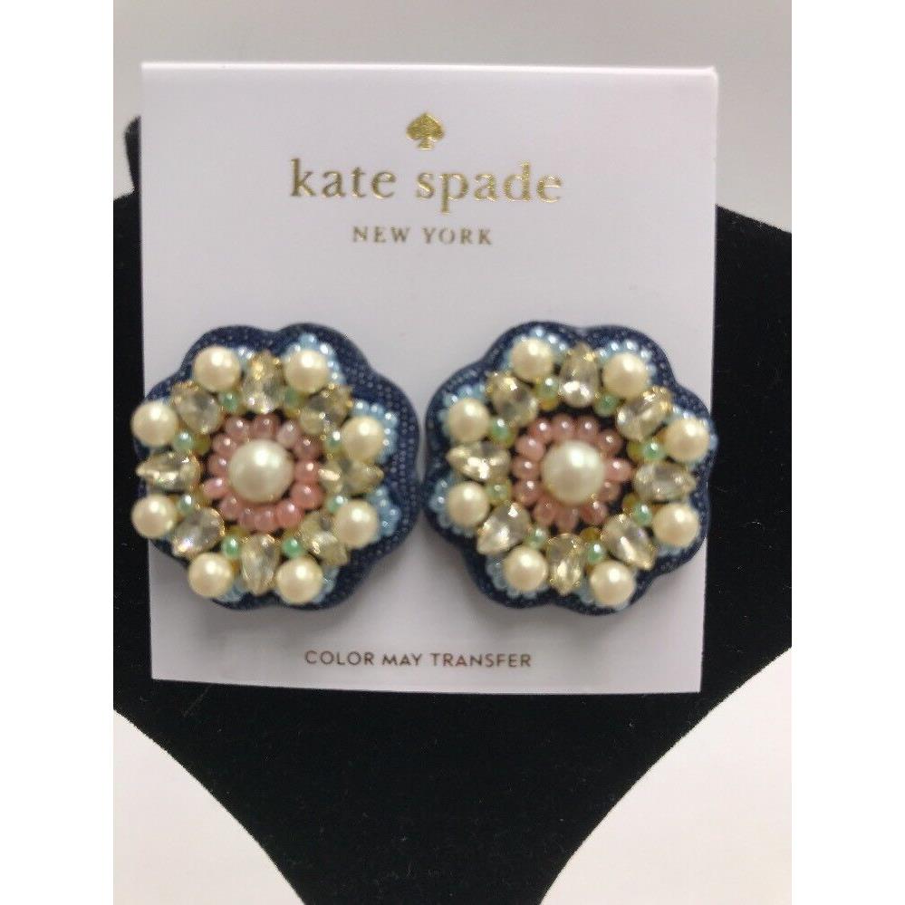 Kate Spade Gold Desert Garden Denim Blue Leather Flower Jeweled Earrings SK