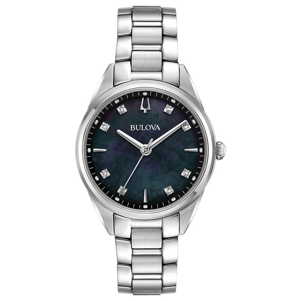 Bulova Sutton Diamond Mother of Pearl Dial Womens Watch 96P198 - Dial: Black, Band: Silver, Bezel: Silver