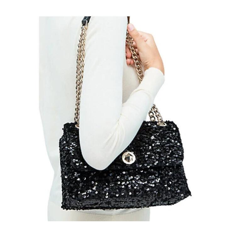Kate Spade Natalia Medium Flap Shoulder Bag Black Crossbody Sequin Handbag - Black Lining, Black Exterior