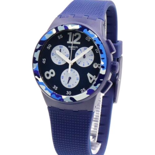 Swiss Swatch Originals Camoblu Chrono Blue Silicone Date Watch 41mm SUSN414