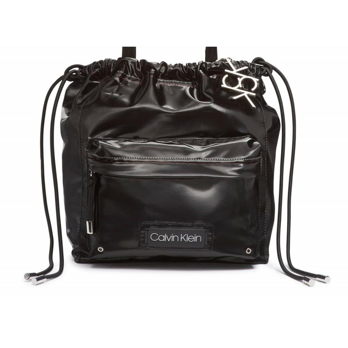 Calvin Klein Patent Nylon Tote Shoulder-hand-bag Black Silver Drawstring Large