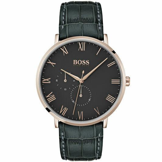 Hugo Boss Mens William Grey Cro Leather Rose Gold Tone Chronograph Watch 1513619