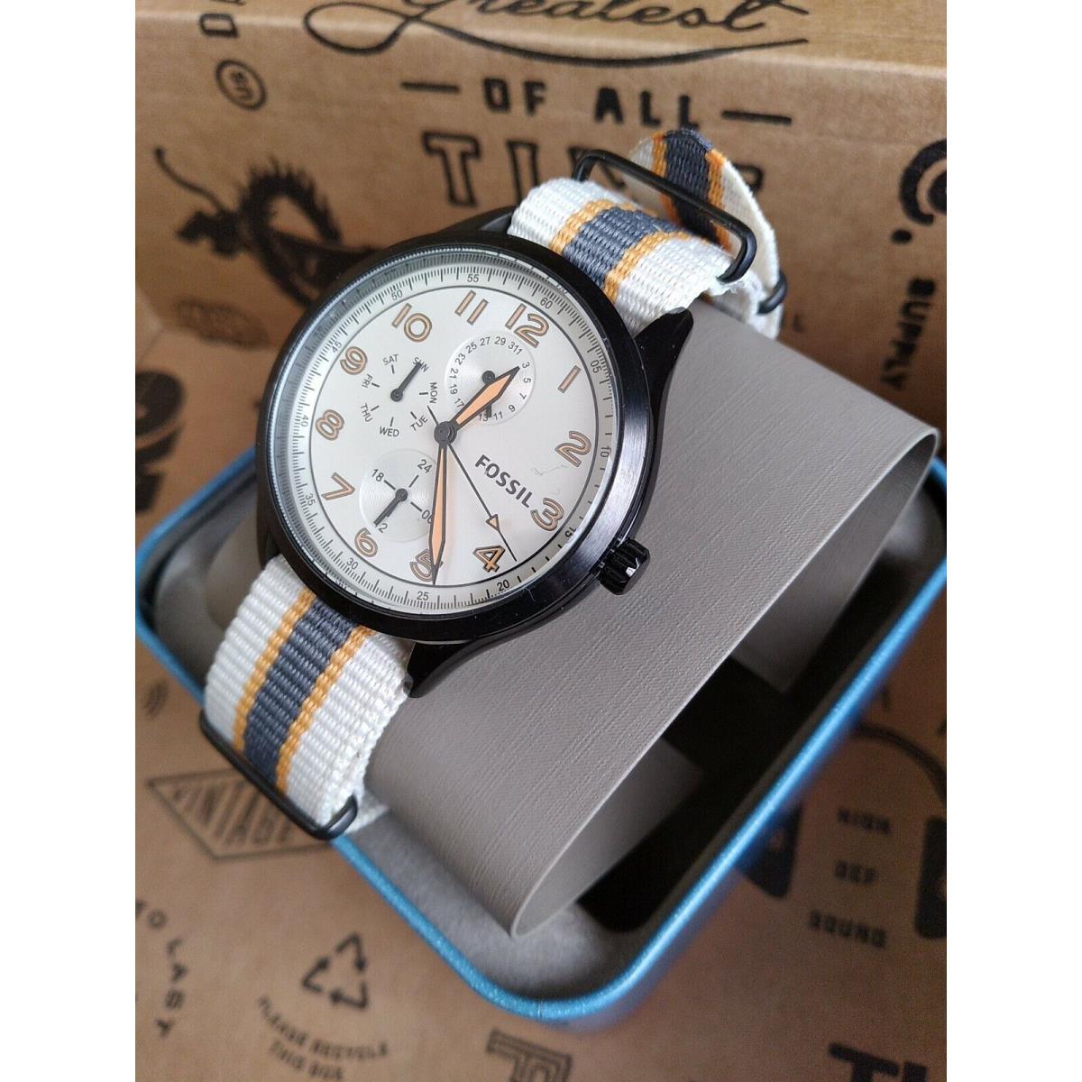 Fossil Wylie Multi Function Navy Beige Gray Orange Nylon Watch BQ2519