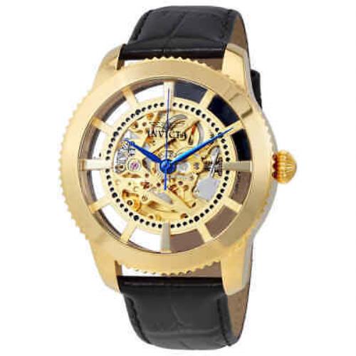 Invicta Vintage Automatic Gold Dial Men`s Watch 23638 - Dial: White (Gold Skeleton), Band: Black, Bezel: Yellow Gold-plated