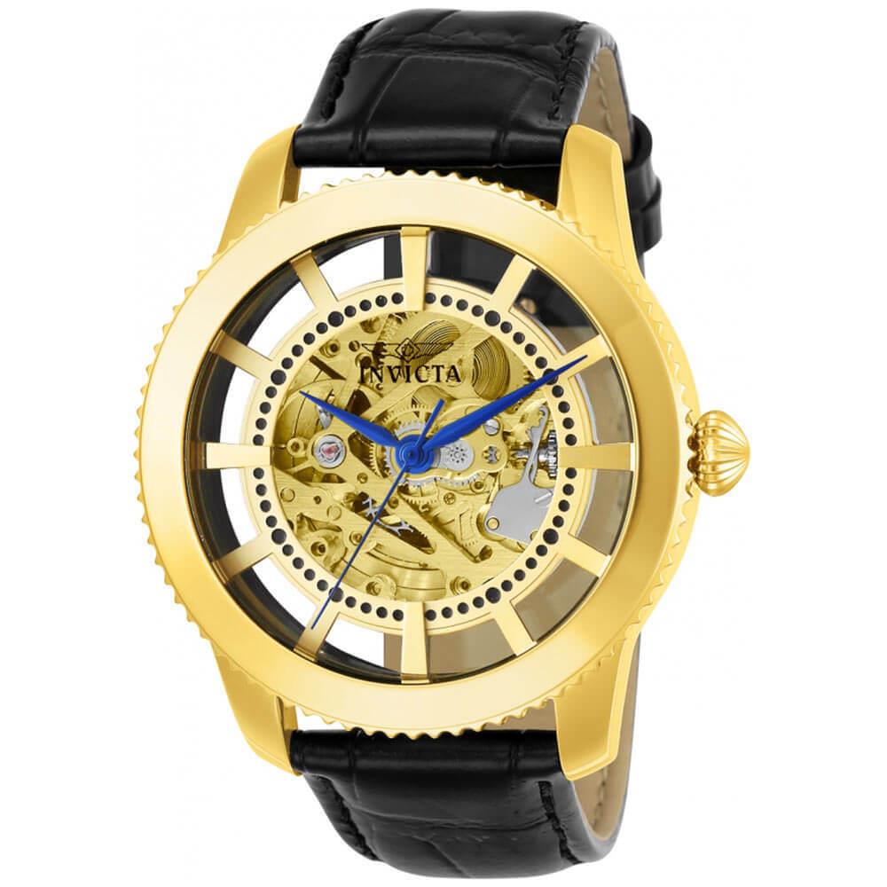 Invicta Men`s Watch Vintage Automatic Gold Tone Skeleton Dial Black Strap 23638