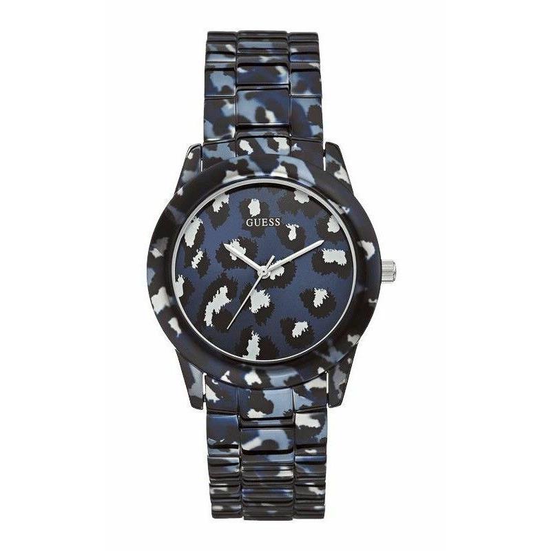 Guess Women`s Stainless Steel Blue Ion Plated Animal Leopard Print 38mm Watch