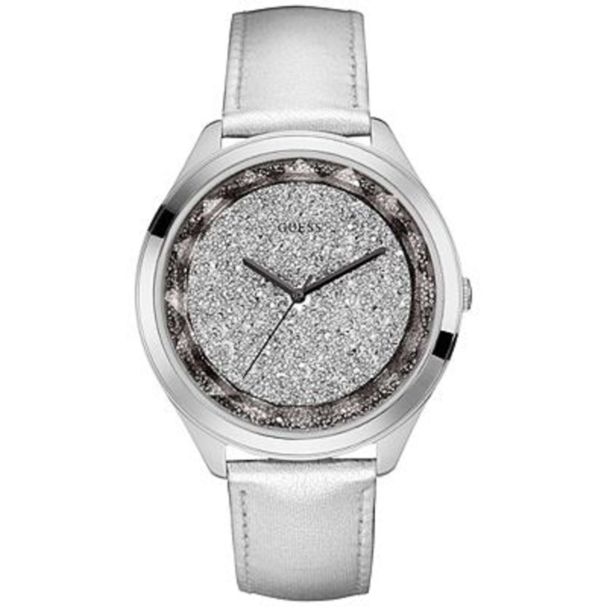 Guess U0652L1 Women`s Sparkling Leather Silver Metalic Crystal Dial Watch