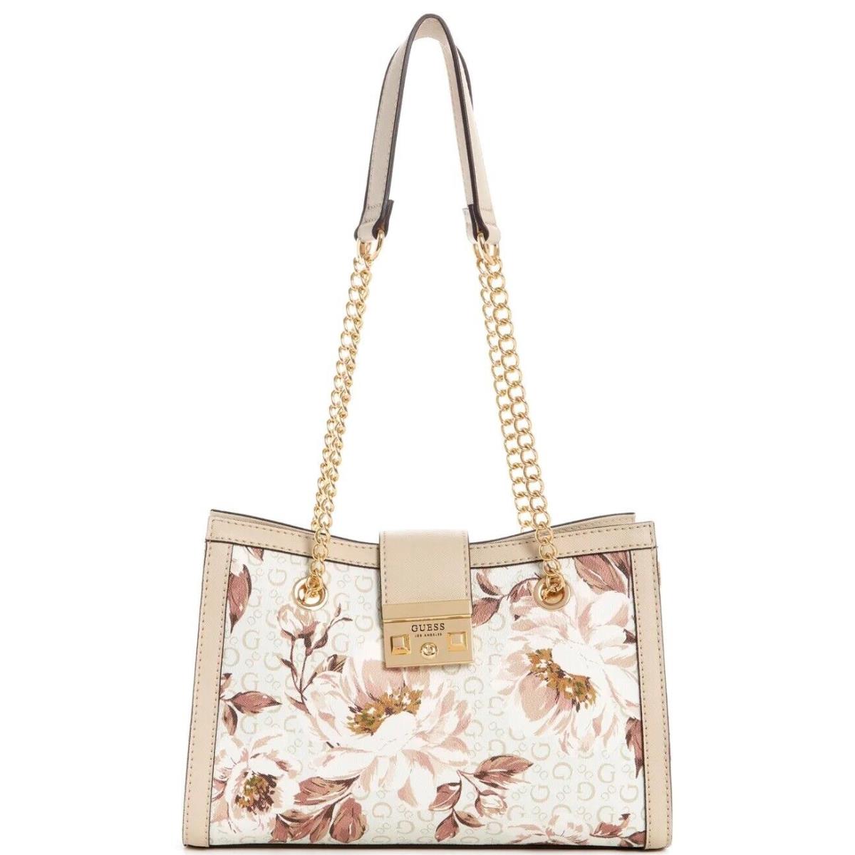 Guess Women`s White Logo Pink Floral Print Chain Tote Bag Handbag Purse - Handle/Strap: Pink, Hardware: Pink, Lining: Beige