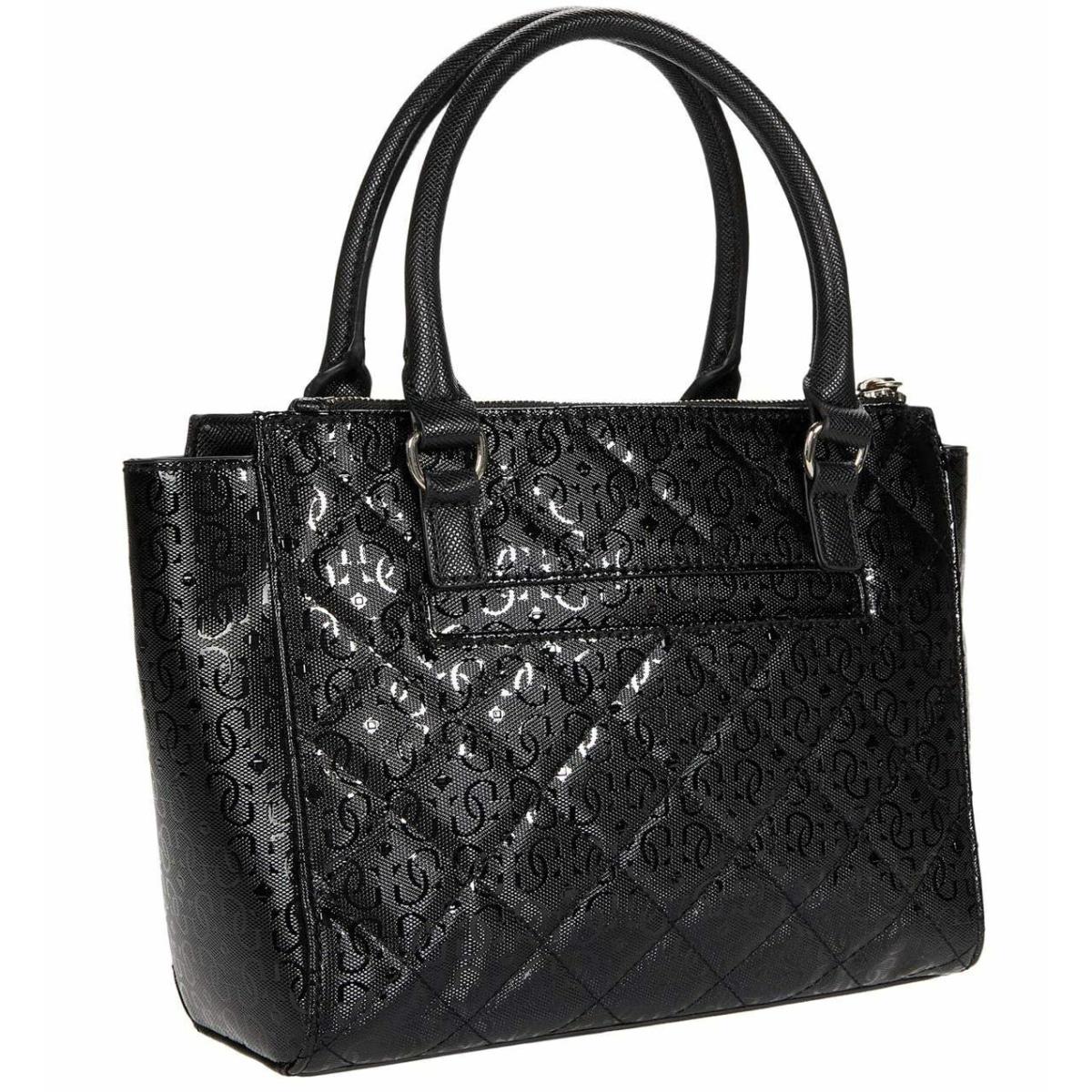 Guess Women`s Black Glossy Patent Quilted Satchel Crossbody Handbag Purse