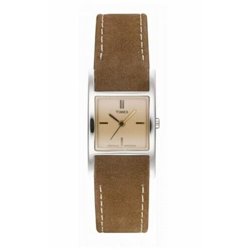 Timex T2J941 Women`s 23mm Beige Rectangle Dial Brown Leather Strap Quartz Watch