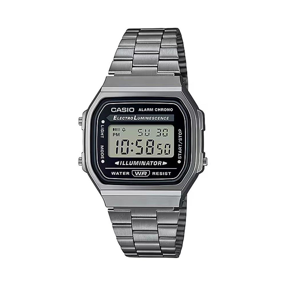 Casio A168WGG-1A Men`s Vintage Gunmetal Band Illuminator Chronograph Alarm Watch - Dial: Standard, Band: Gunmetal, Bezel: Gunmetal
