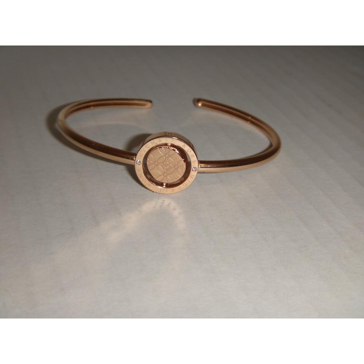 Michael Kors Rose Gold Cuff Bracelet MK Monogram Crystals Reversible Disk + Box