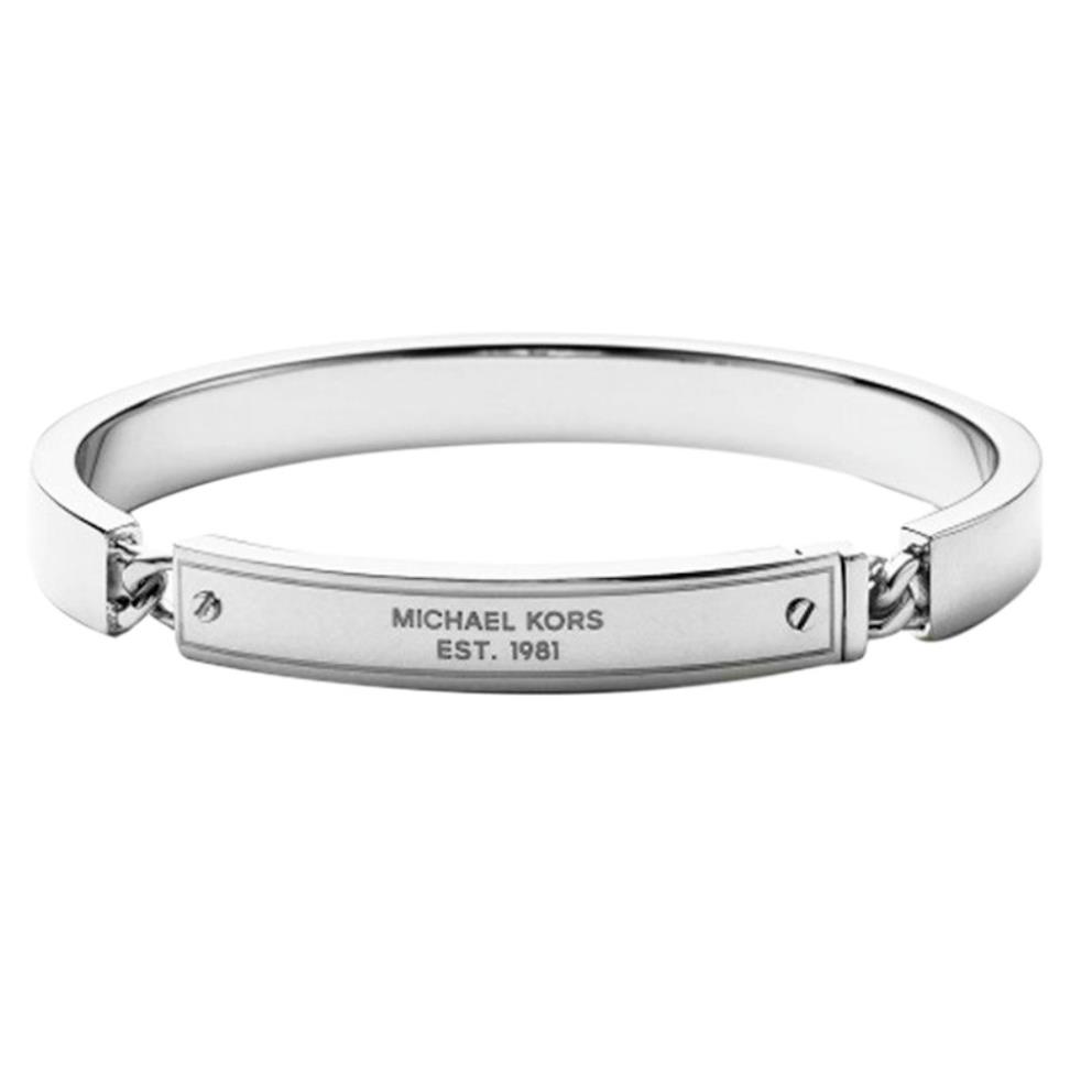 Michael Kors Heritage MK Plaque Silver Tone Bangle Bracelet MKJ3840040 + MK Box