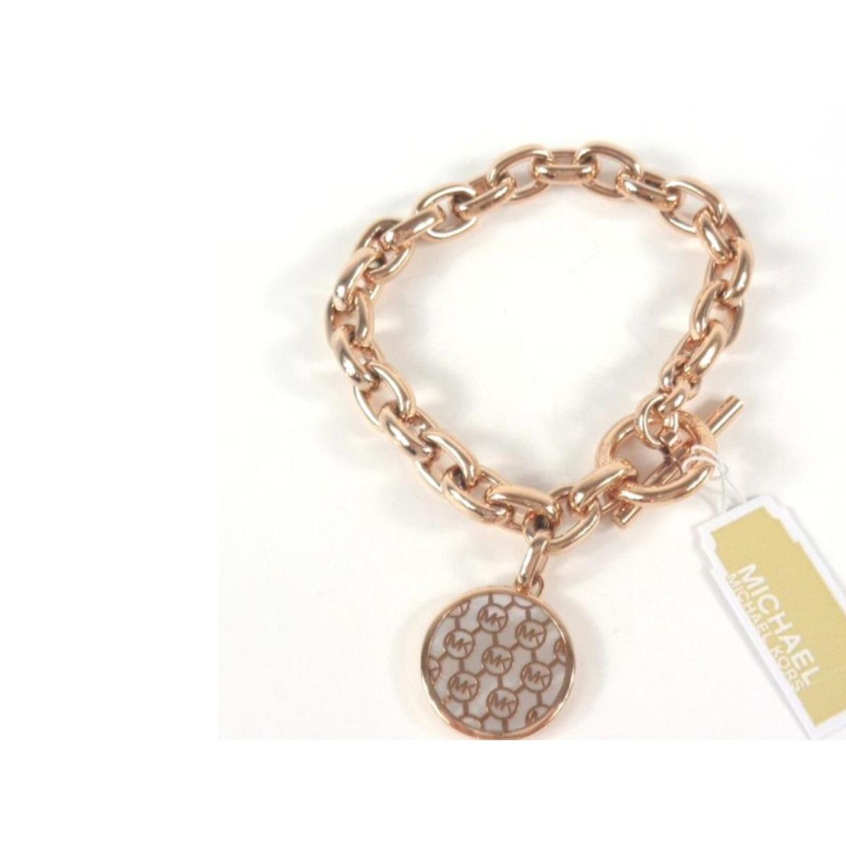 Michael Kors Rose Gold Toggle Bracelet MK Monogram Disk Crystals MKJ5366791 +box