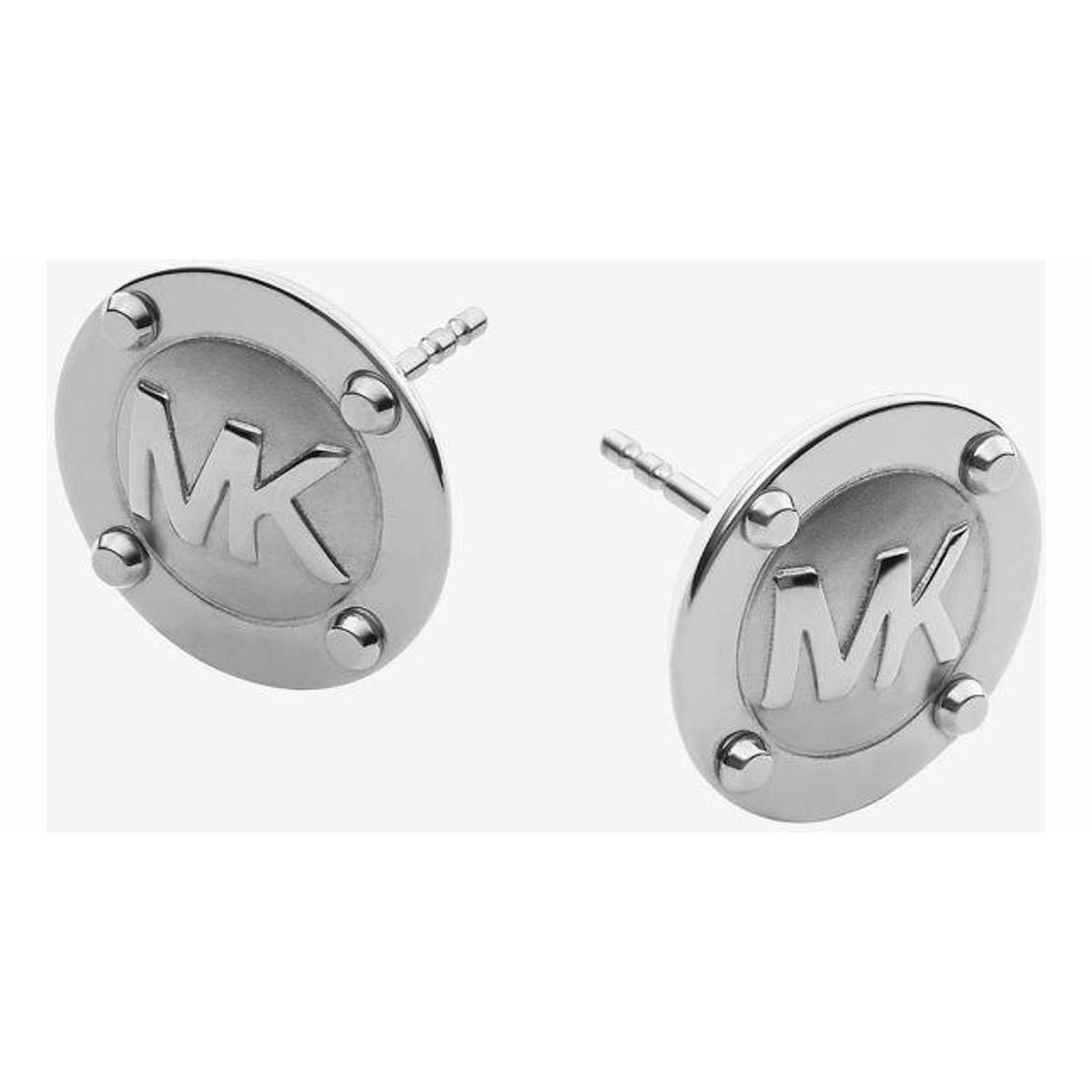 Michael Kors Brushed Silver Tone MK Logo Disc Stud Earrings MKJ1667 +box