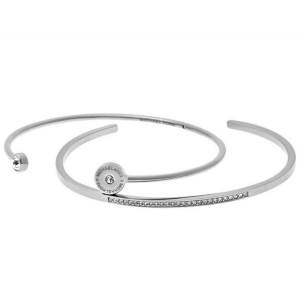 Michael Kors Womens 2-PC Set Silver Tone Cuff Bracelets Crystals MKJ4822040 +box
