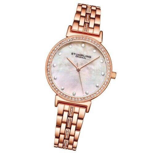 Stuhrling 3988 3 Symphony Crystal Accented Mother of Pearl Womens Watch - Dial: Silver, Band: Rose Gold